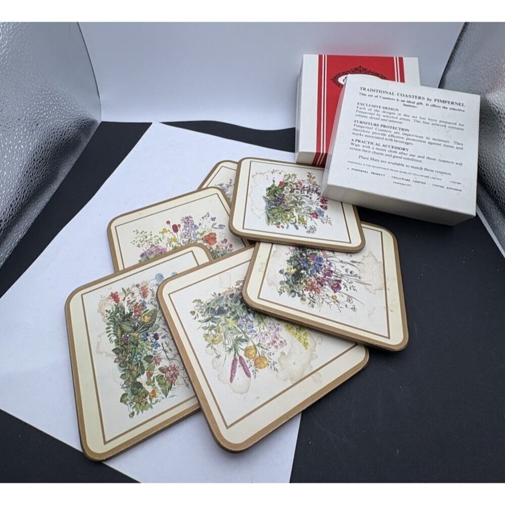 Vintage Pimpernel Cork Square Coasters Set of 6 Meadow Flower 4" England